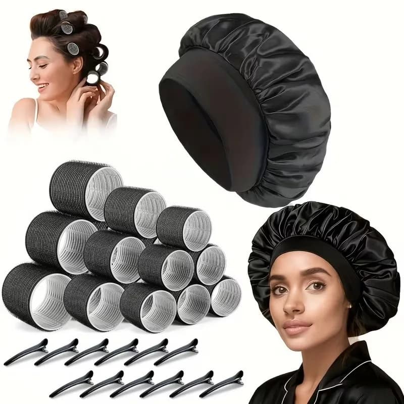 Set of 31 Pieces for Curling Heatless Hair with 18 Self-adhesive Rollers, 12 Clips and Night Natural Wave Headphones - Styling Kit