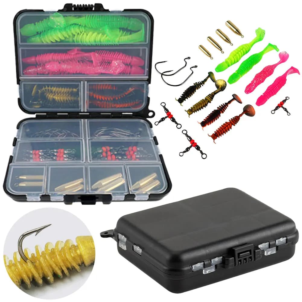 Set di esche morbide a coda a T con scatola porta attrezzi, girelle e ami da pesca, set di accessori per esche artificiali, esche morbide per attrezzatura da pesca