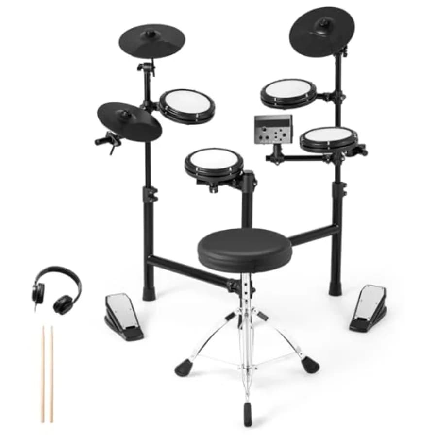Batteria Elettronica per Principianti con 4 Pad in Mesh Silenziosi, 150 Suoni, 9.5 Piatti, Metronomo, USB MIDI, Cuffie e 2 Accessori