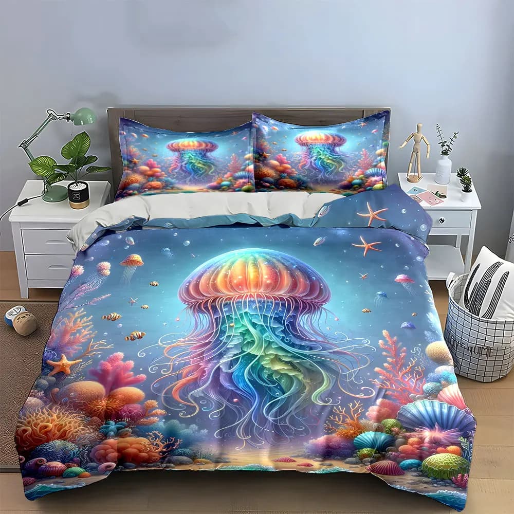 Set di biancheria da letto colorato con meduse oceaniche, morbido e delicato sulla pelle, include 1 copripiumino e 2 federe, idea regalo