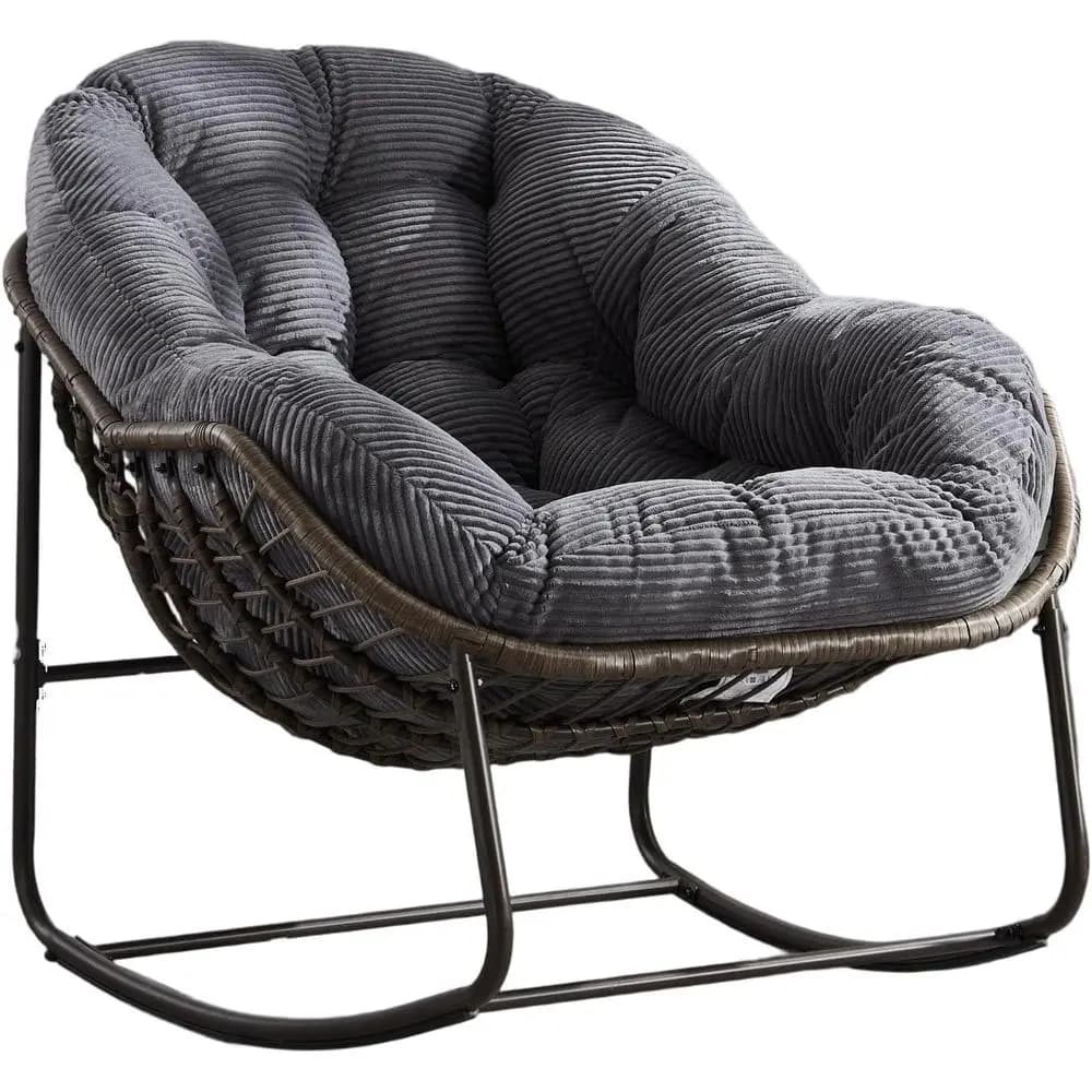 Sedia a dondolo da esterno in rattan oversize con cuscino imbottito, design ergonomico, struttura in acciaio, 43,7 P x 37,2 L x 31,5 A, Grigio