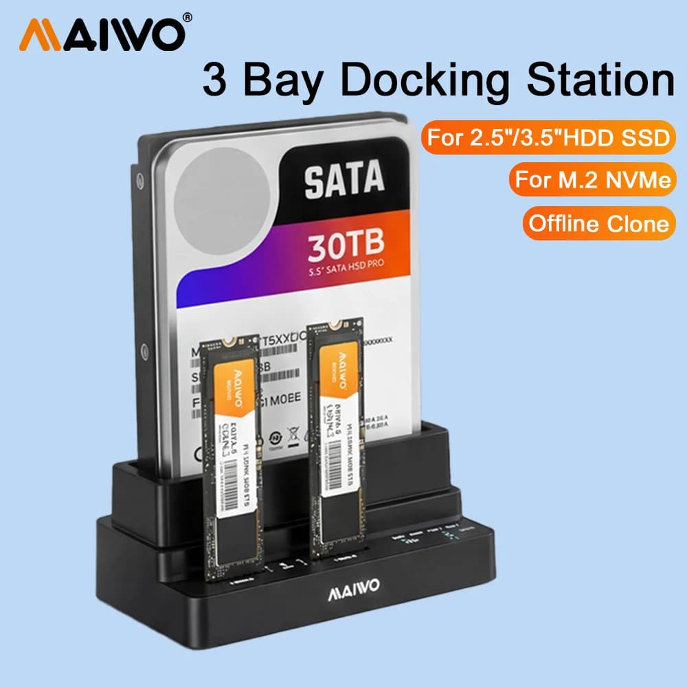 MAIWO Docking Station per Hard Disk a 3 Bay 10Gbps con Enclosure SSD M.2 NVMe, Case HDD da 2.5'' e 3.5'' Pollici, Clonazione Offline per PC e Laptop