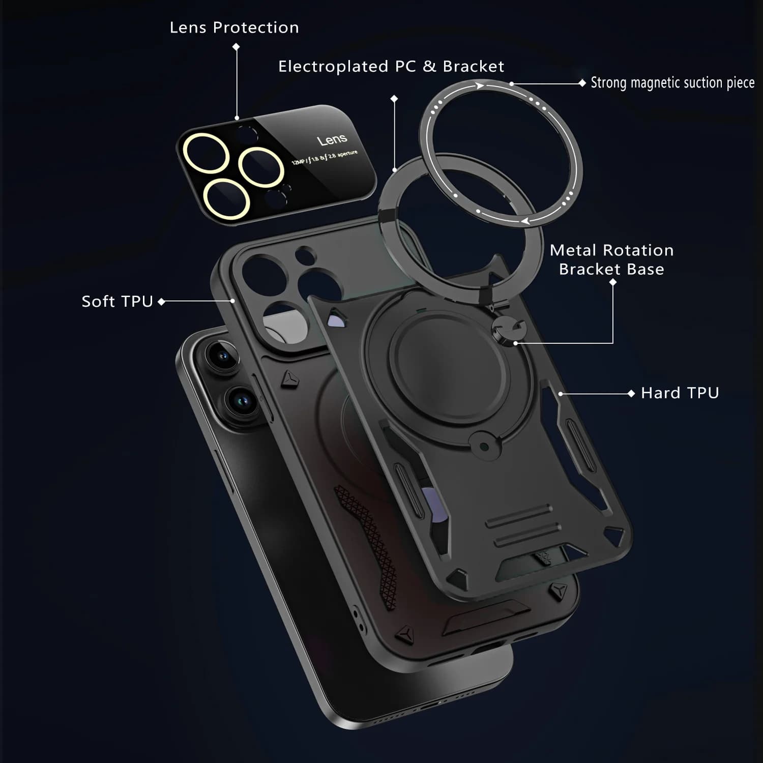 360 ° Custodia magnetica Magsafe con staffa pieghevole per iPhone 11 12 13 14 15 16 17Pro Max Air Armor Custodia antiurto con pellicola per lenti