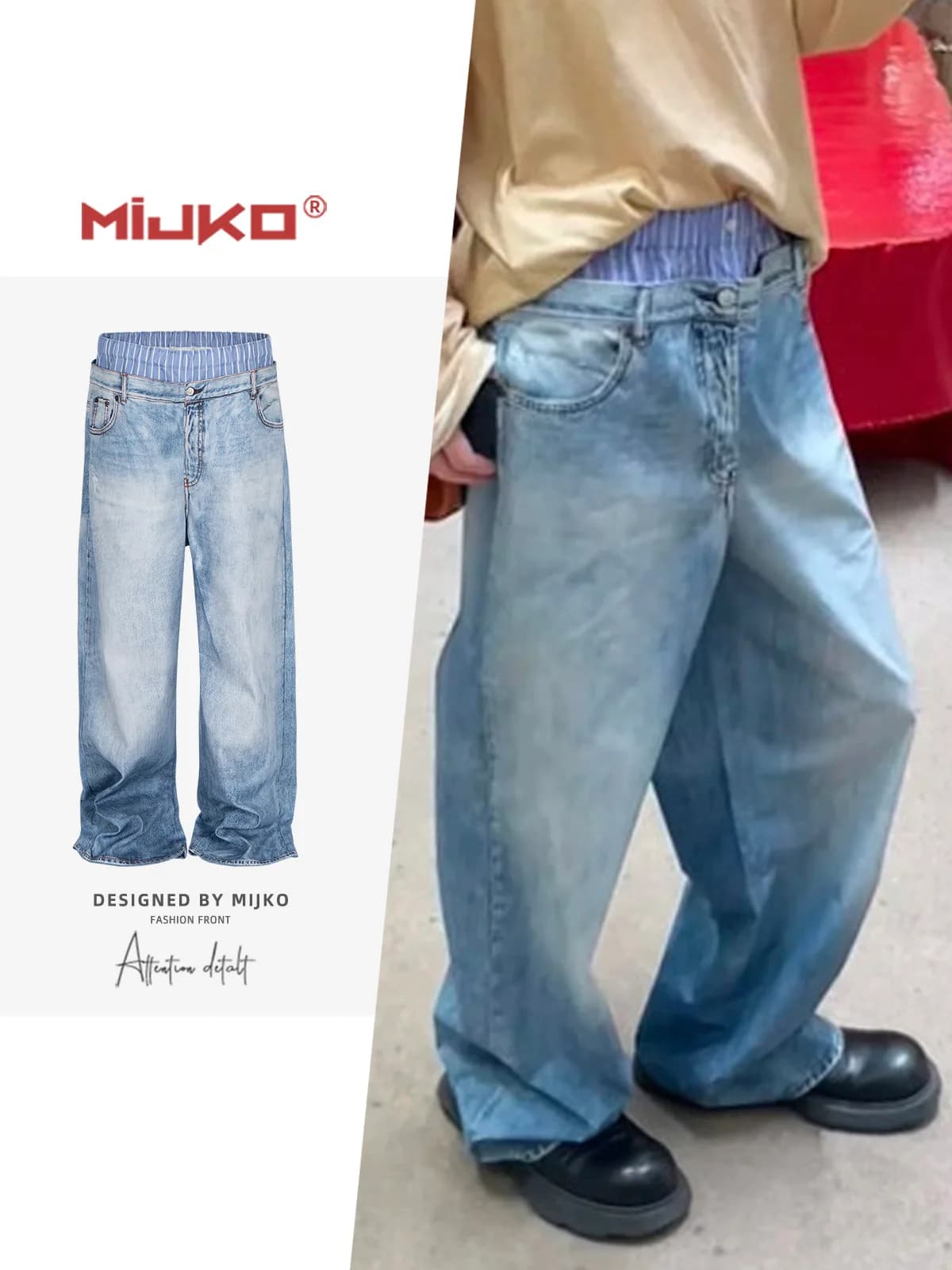 MIJKO Jeans bianchi indossati lavati a gamba dritta con doppia vita stampati in 3D per uomo e donna