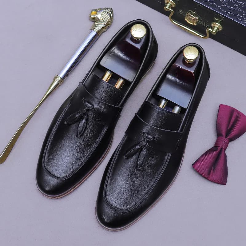Men Tassel Genuine Leather Loafers Two Tone Burnish Square Toe Low Block Heel Slip On Formal Dress Shoes for Business Daily Wear