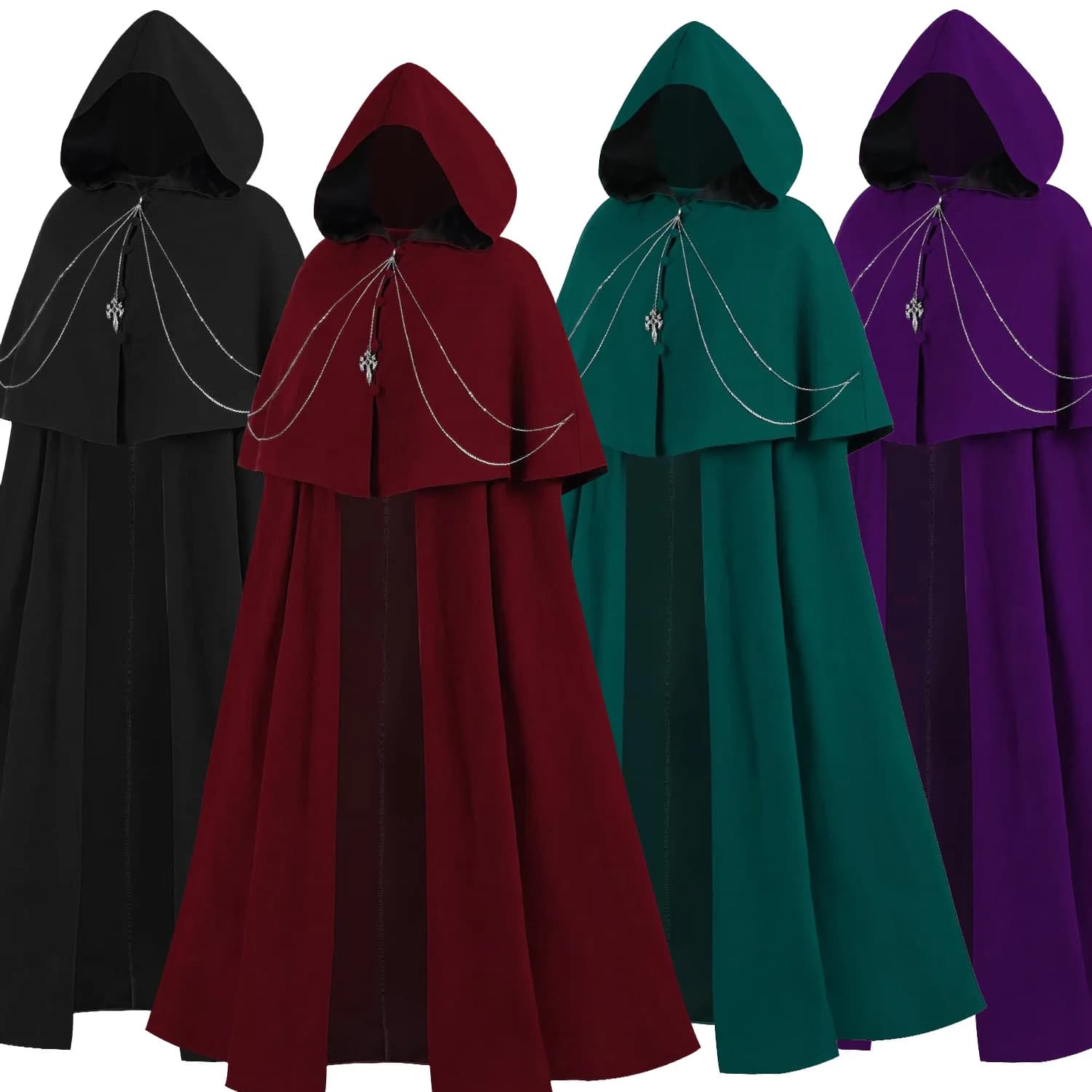 Costume cosplay di Halloween da donna Steampunk Rosso Viola Verde Mantello Catena di metallo Cavaliere medievale Mantello nero Cappotto reale vittoriano