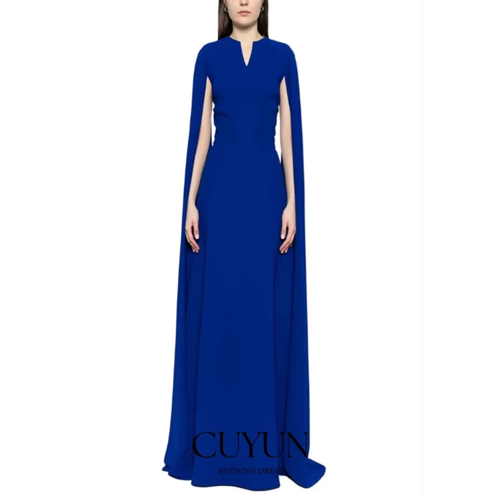 CUYUN Royal Blue Cape Maniche Abiti da sera Scollo a V Abiti da cerimonia per donna Abiti da cerimonia personalizzati A Line Abito da cerimonia per invitati Abito da ballo
