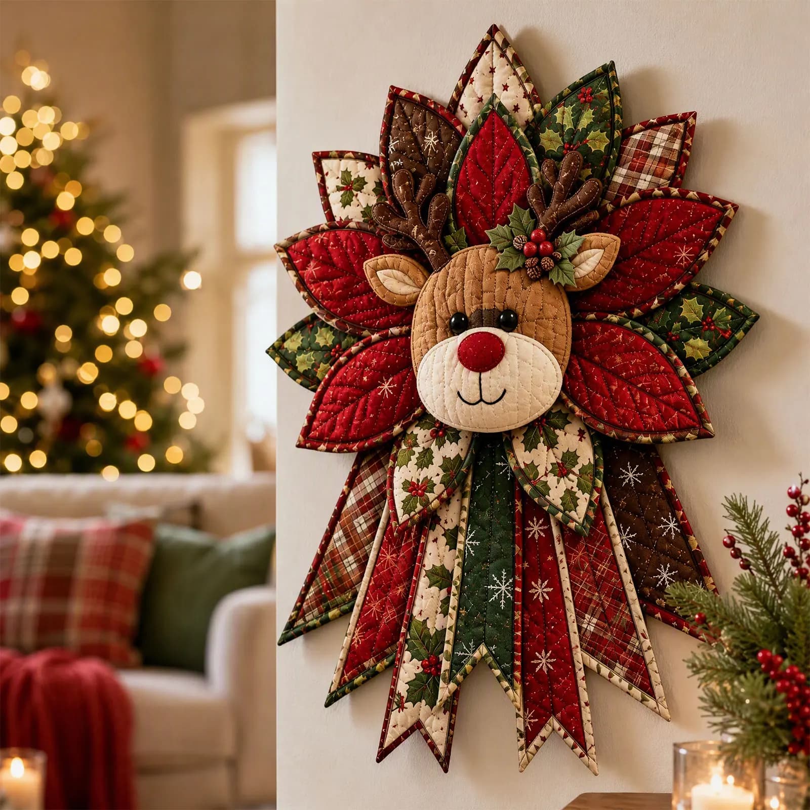 DIY Christmas Door Hanger Quilted Bow Sewing Kit Holiday Decor Fabric Pre-Cut Needle Thread Hook Jute Rope Instructions