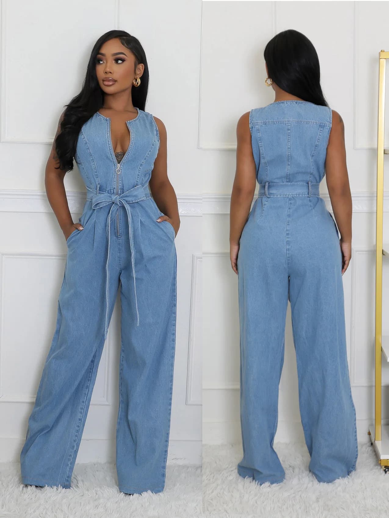 Moda donna denim senza maniche cerniera volare con cintura gamba laterale jeans tuta streetwear sexy tuta intera INS tute