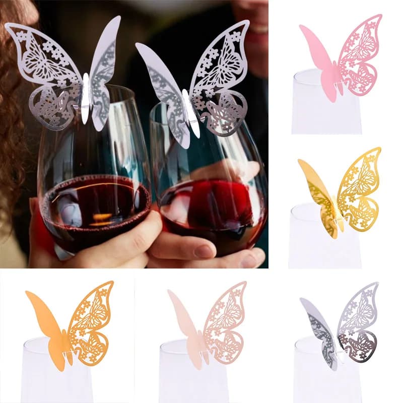 20 pz/10 pz Lucido Champagne Oro Argento Rosa Farfalla Carte di Nome Segnaposto Segnaposto Bicchiere di Vino Tazza Carta di Carta Decorazione Della Festa Nuziale