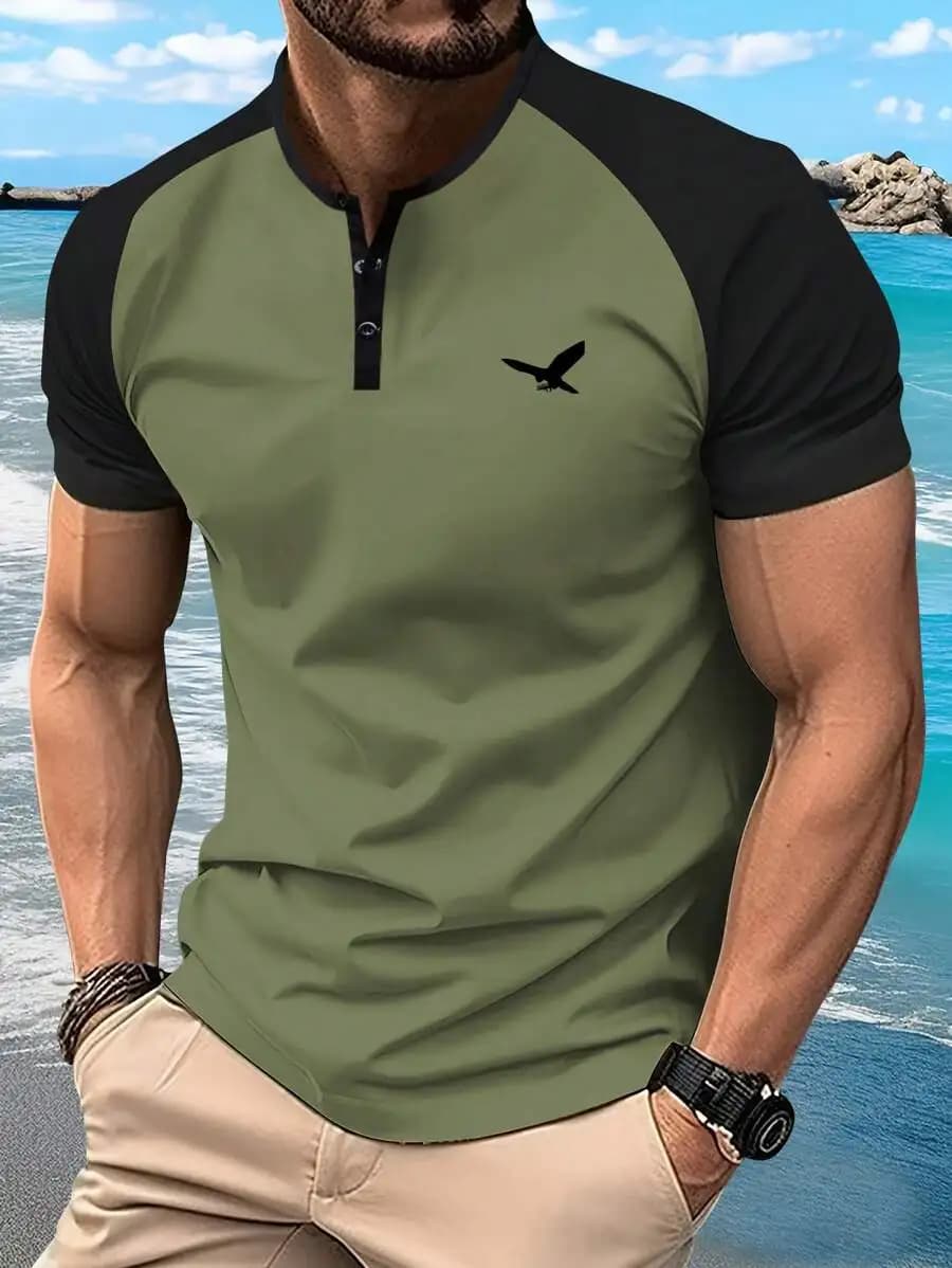 T-Shirt Henley for Men Green Olive with Sleeves Raglan in Contrast and Printing Eagle
