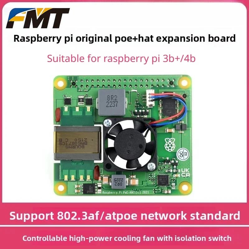 FMT. Modulo HAT PoE+ per Raspberry Pi di Grado Industriale, Compatibile con 3B+/4B, Alimentazione Ethernet Stabile, Modulo di Espansione a Tensione Ampia