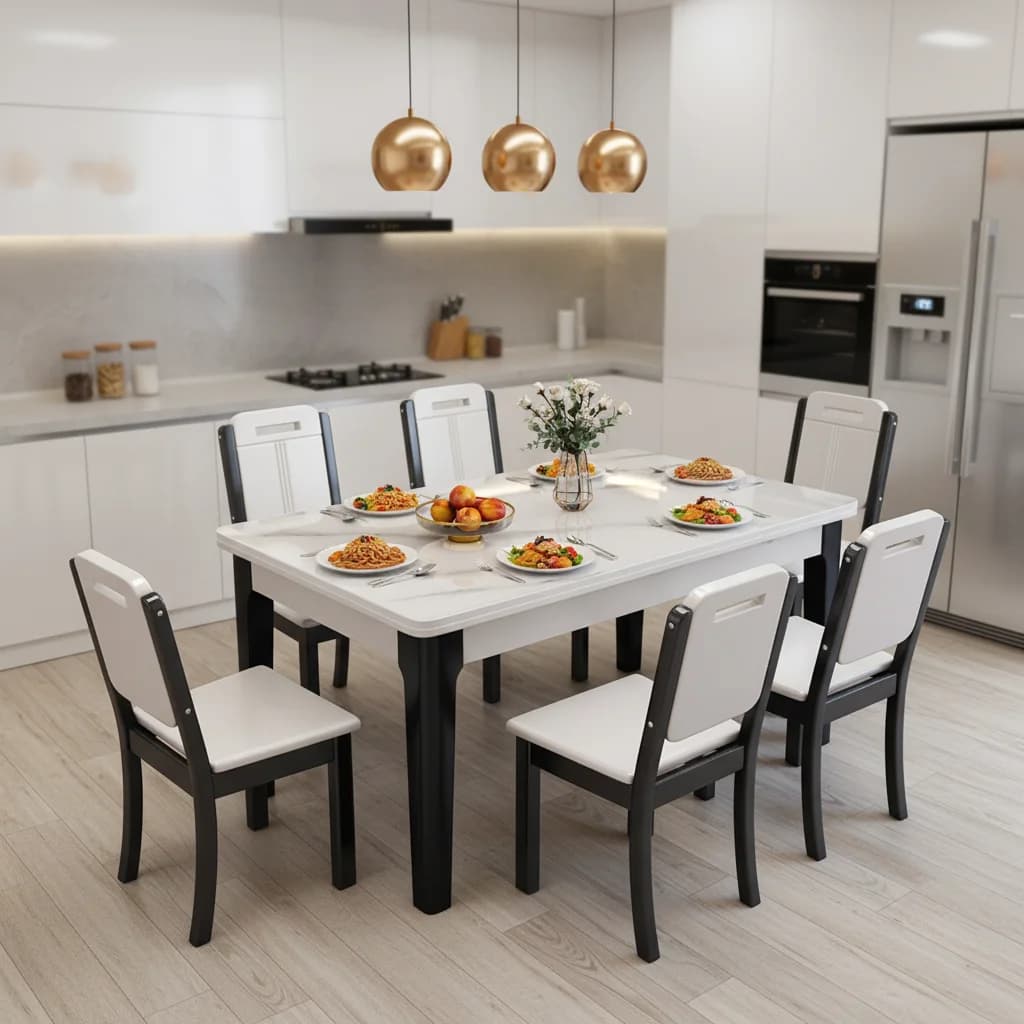 # Set Tavolo da Pranzo in Pietra Sinterizzata Italiana con Gambe in Legno Massello, Rettangolare per 6 Persone, Arredamento per Villa e Ristoranti di Lusso