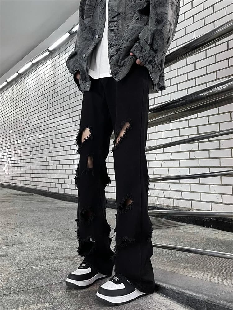 American Retro Hole Micro Flared Black Jeans Men's Trendy High Street Straight Leg Slim Loose Pants Design Sense