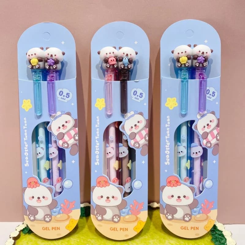 24SET/LOT KAWAII SEAOTTER PRESS GEL PEN carino 0,5 mm con inchiostro nero neutro per scrivere burotica forniture scolastiche