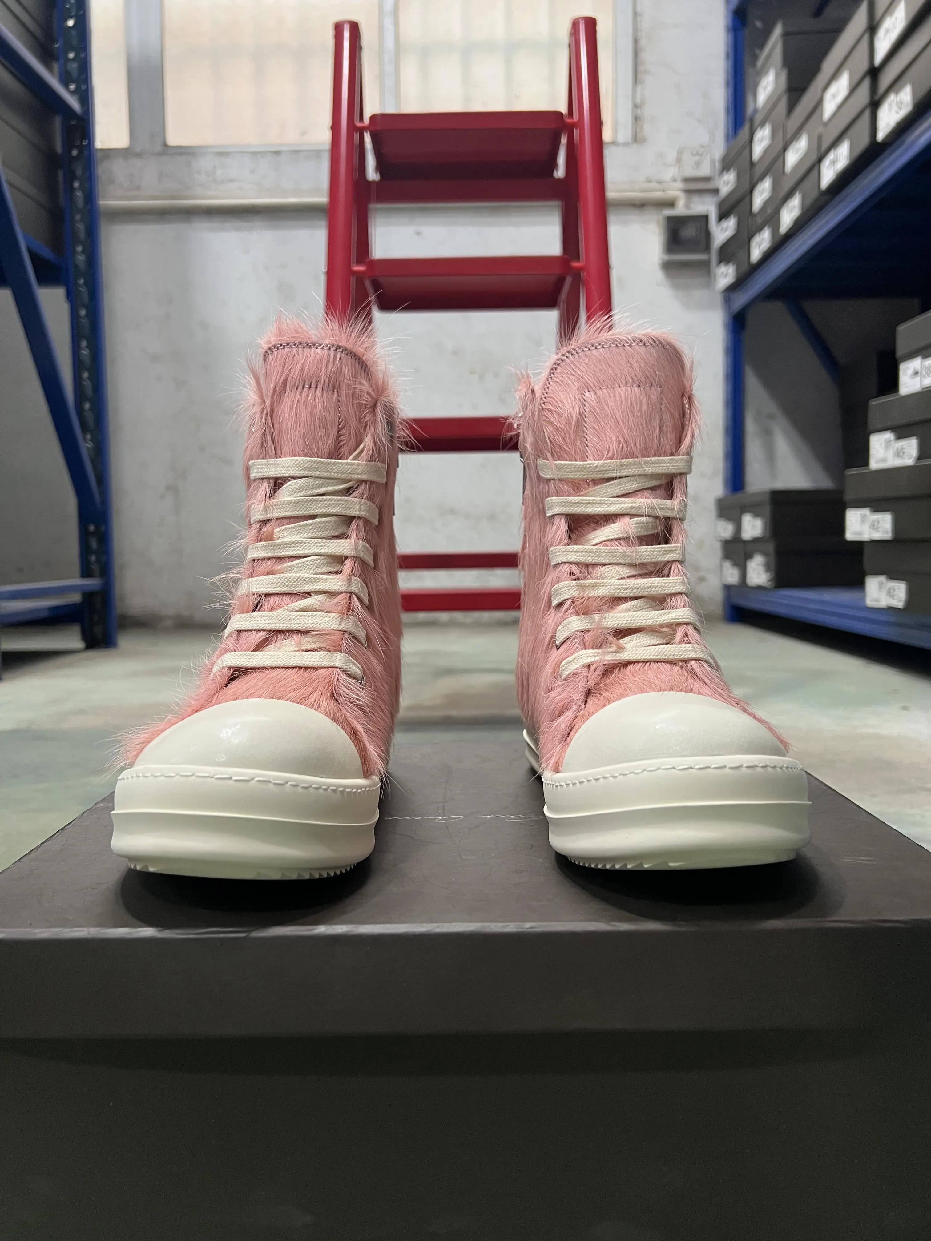 Scarpe di Lusso Ro per Donna, Sneakers Alte in Pelo di Cavallo Rosa, Sneakers e Scarpe Casual da Uomo, Stivali Pelosi con Cerniera e Lacci