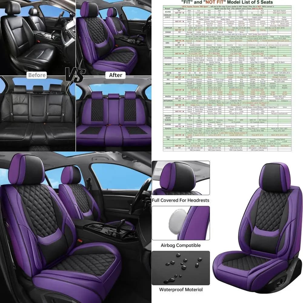 Luxury Seat Covers in Black and Purple Eco-leather, Waterproof, Suitable Universally for Front Seats and Posters in Most Vehicles