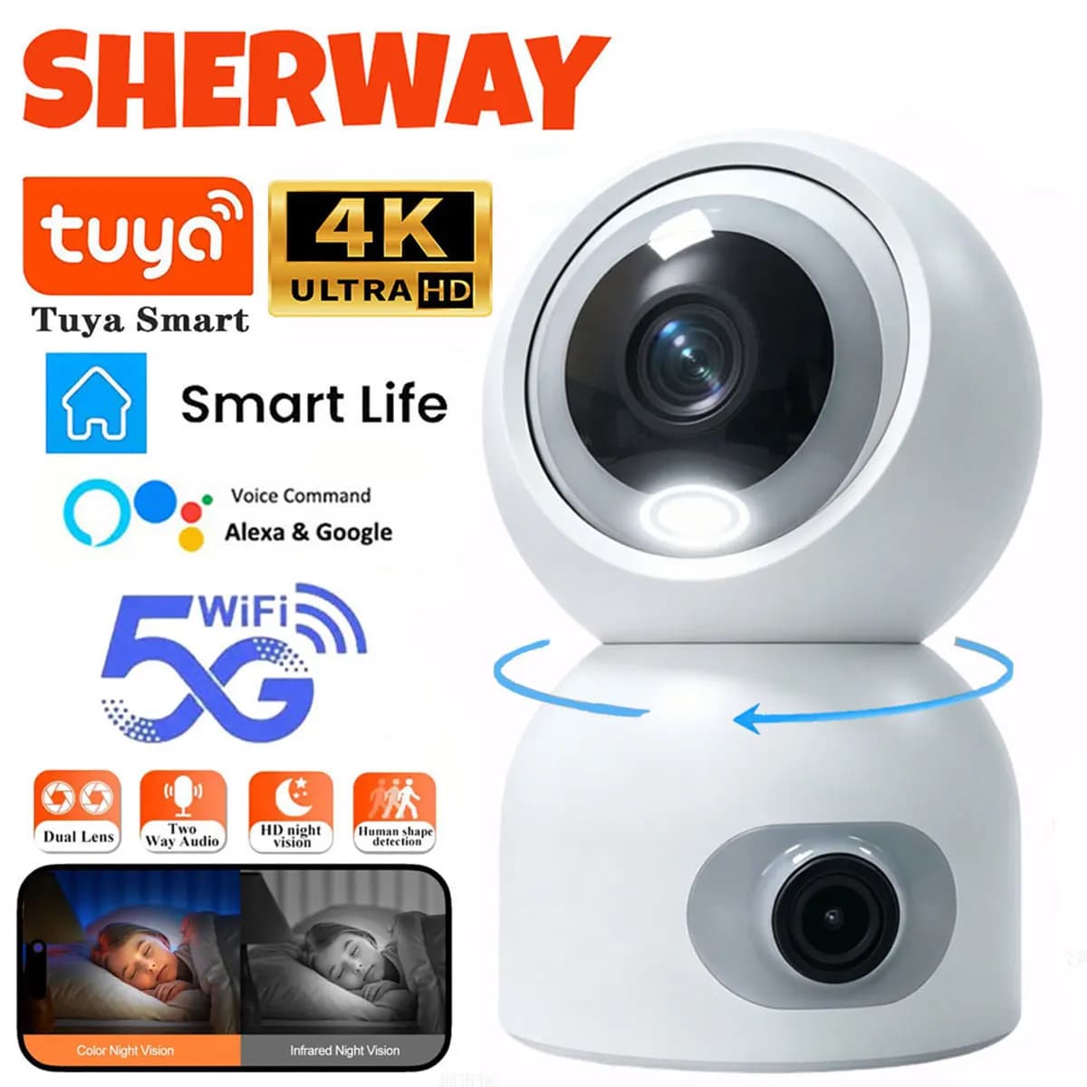 Telecamera di Sicurezza Tuya 4K 8MP con Doppia Lente, WiFi 5G, PTZ IP CCTV ONVIF, Tracciamento AI, Monitoraggio Automatico, Baby Monitor