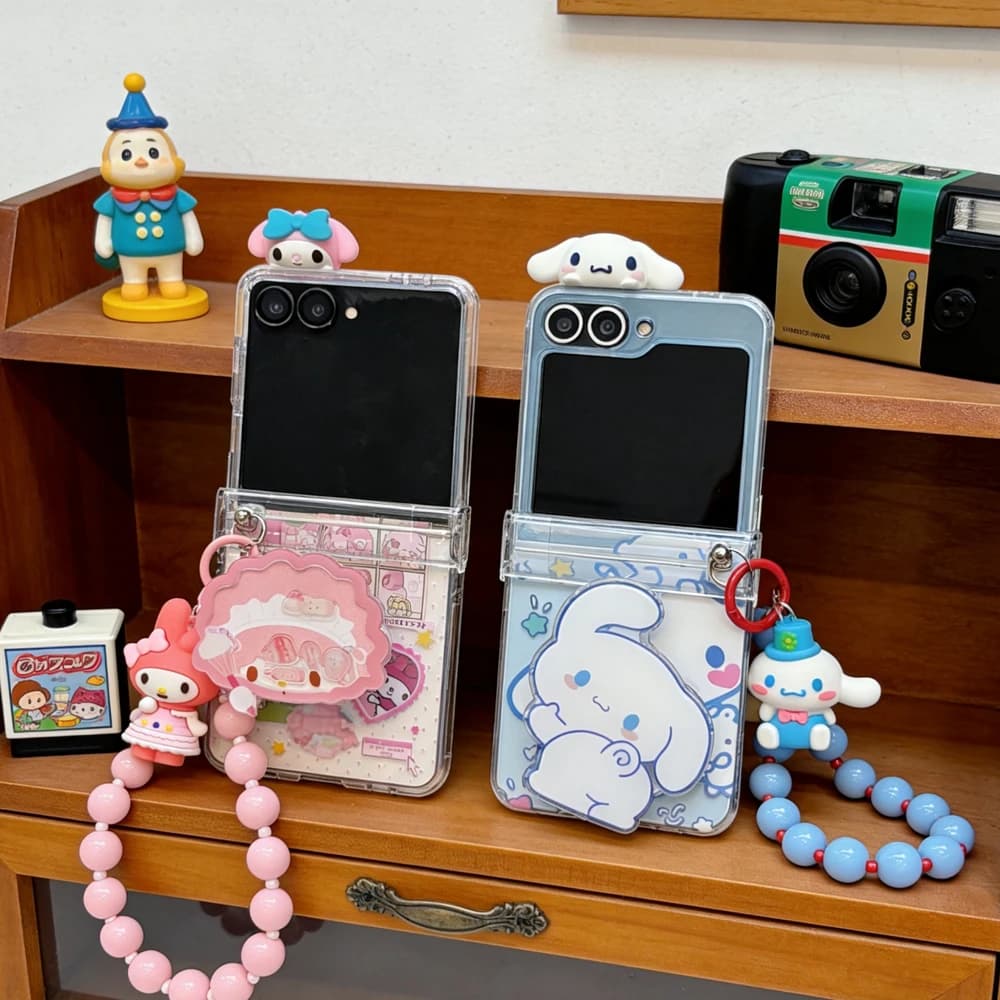 Custodia per telefono con supporto per Samsung Galaxy Z Flip 7 6 5 4 3, simpatica custodia a cartone animato Sanrio My Melody Cinnamoroll con cordino