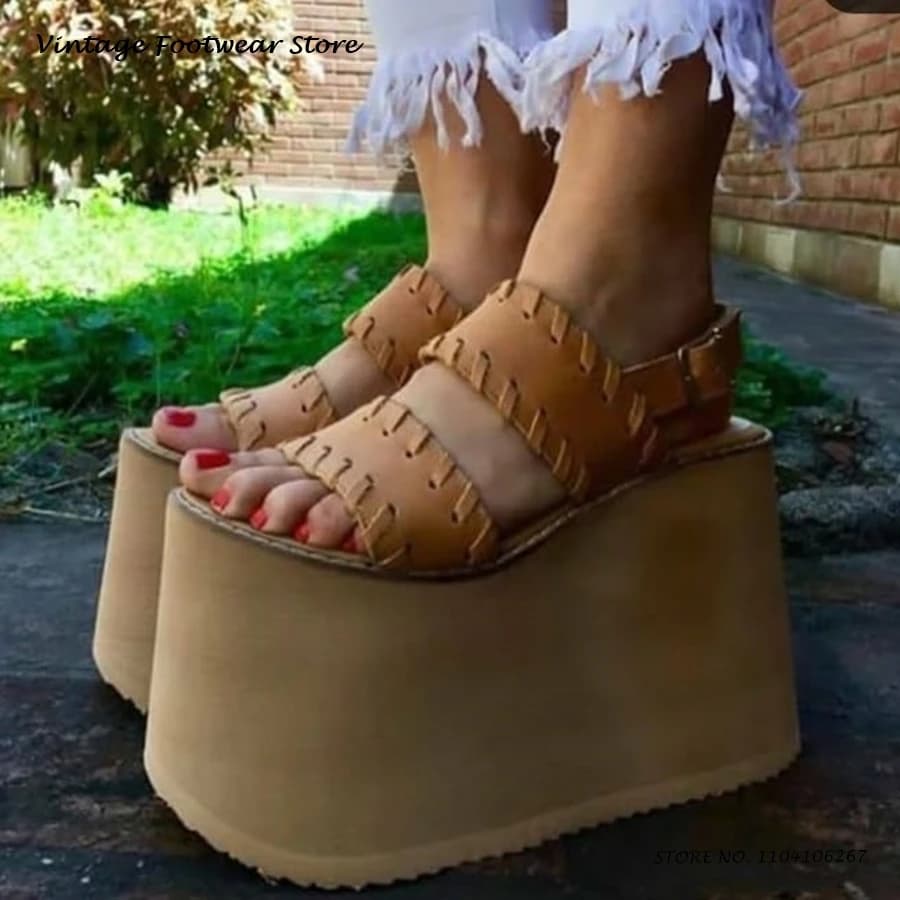 Sewing Leather Platform Wedges Sandals Vintage Round Open Toe Height Increasing Shoes Summer Casual Buckle Strap High Heels