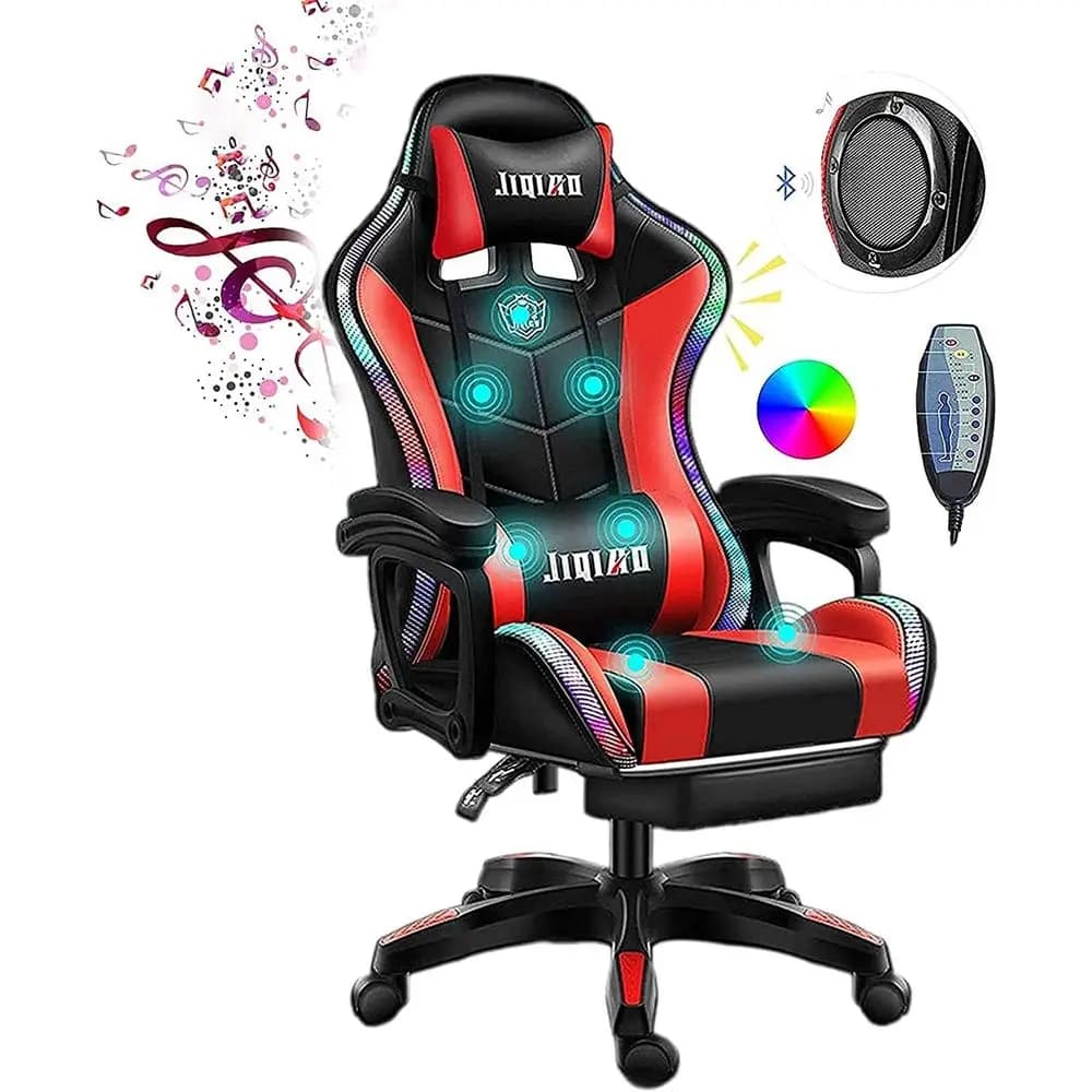 Enhanced Massage Lumbar Support & Bluetooth Gaming Chair with LED Lights,150KG, Red