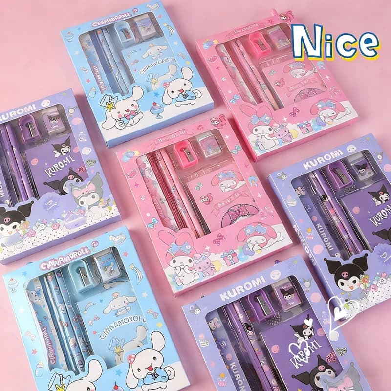 Set di Cancelleria Hello Kitty 6 Pezzi, Gomme e Temperini Anime Cartoon Kuromi Cinnamoroll, Forniture Scolastiche per Studenti, Confezione Regalo