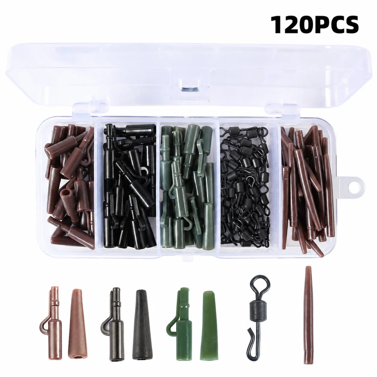 120PCS Carp Fishing Tackle Kit Terminal Tackle Rig Accessories with Swivels Sleeves Tubes and Storage Box