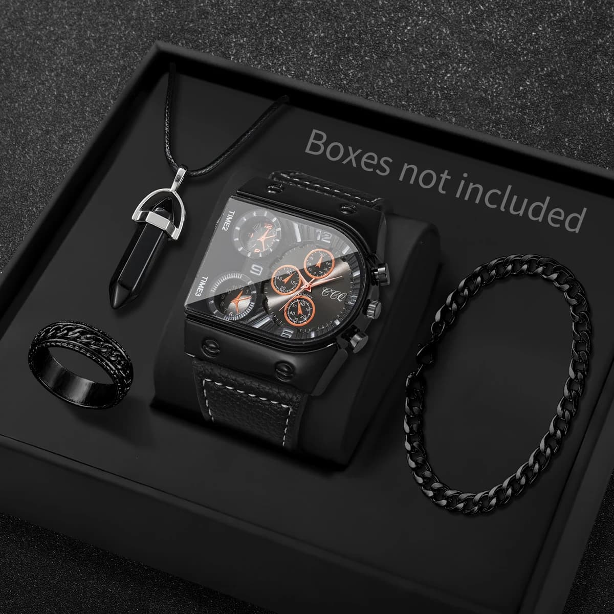 4 pezzi di lusso quadrante grande orologi sportivi da uomo set di gioielli cinturino in pelle casual orologio da polso al quarzo Reloj Hombre (senza scatola)
