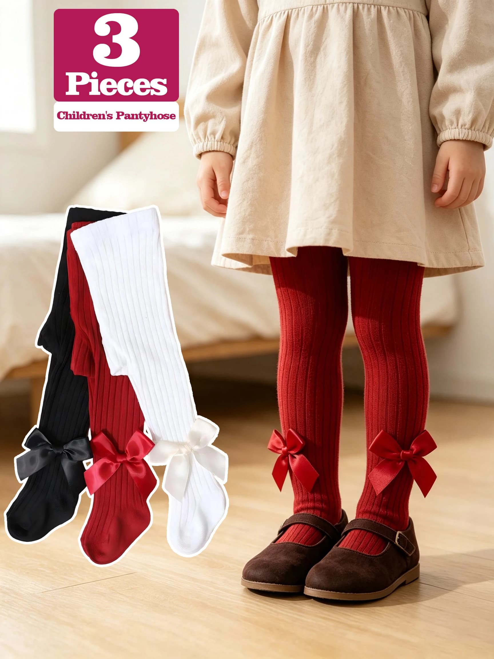 3Pack Toddler Baby Girls Vertical Rib Tights Glossy Satin Bow Soft Elastic Solid Pantyhose All Season Daily Outfit Leggings 0-2Y