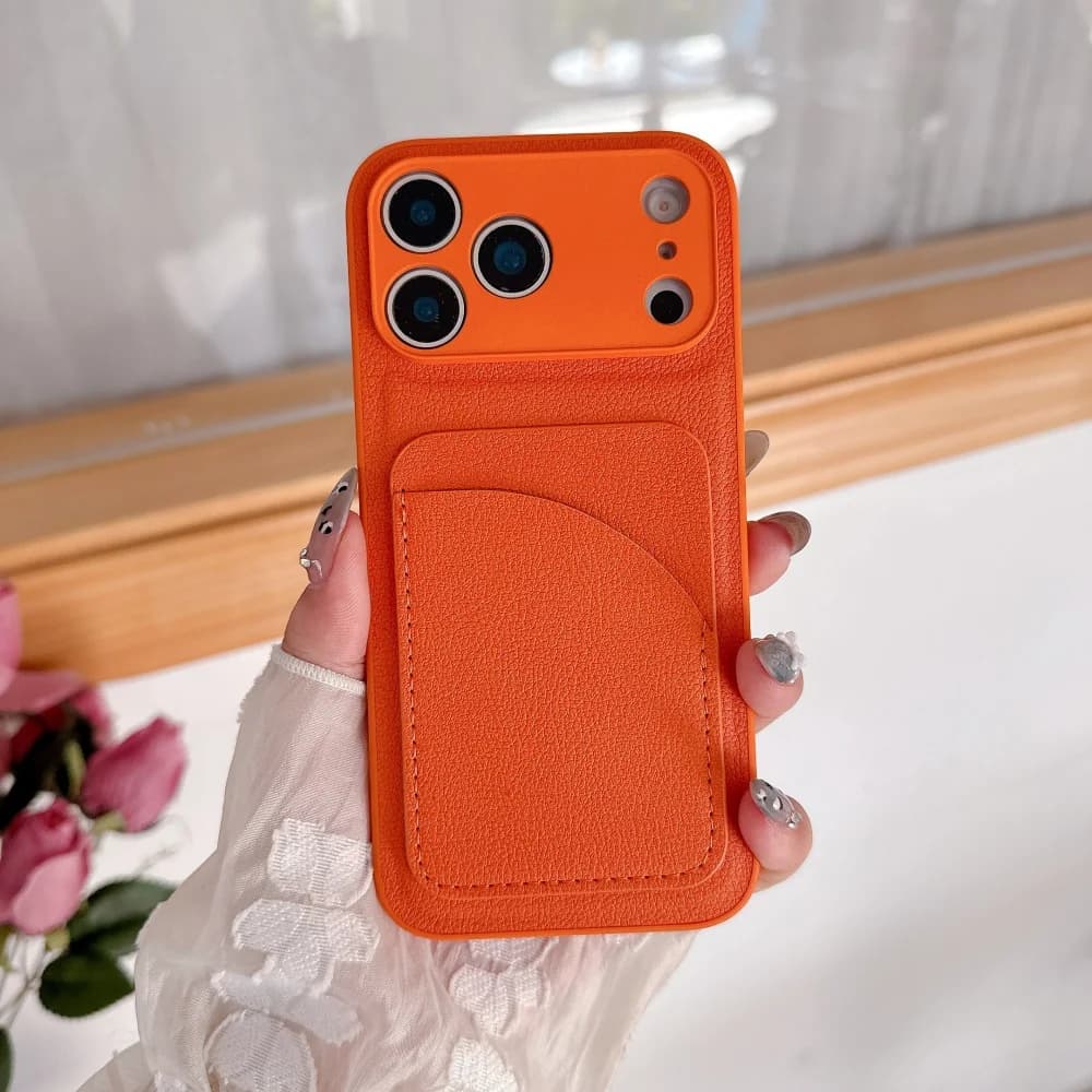 Luxury Advanced Orange Leather Phone Case for iPhone 17 Air 16 15 14 13 12 11 X XS XR 8 Plus Pro Max Card Case