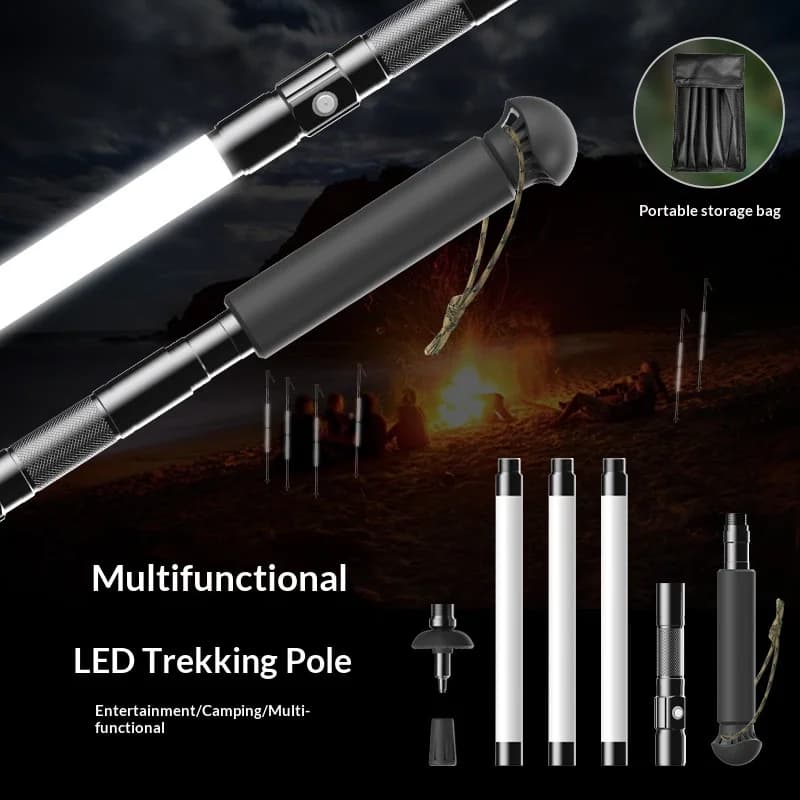 Aluminum Alloy Foldable Lighted Trekking Stick, Rechargeable LED Walking Stick for Night Hiking, Camping, Trekking, Outdoor Travel