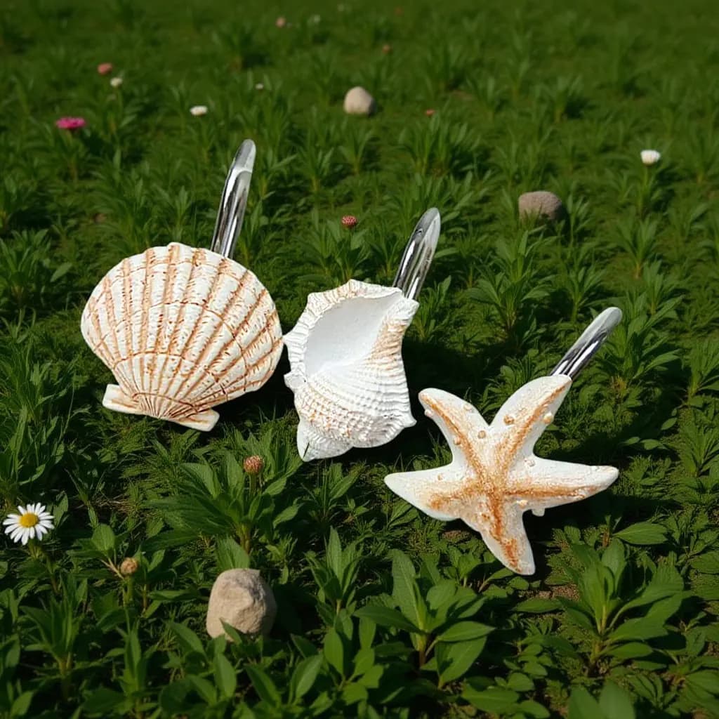 12Pcs Resin Finished Shower Curtain Hooks Ocean Decor Sea Star Conch Shell Shape Elegant Bathroom Bedroom Living Room Anti Rust