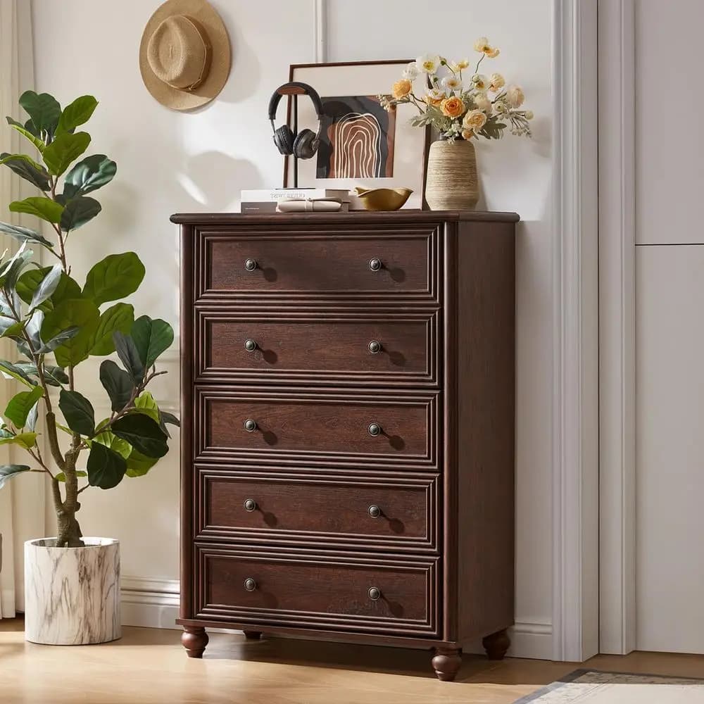 Cassettiera a 5 cassetti per camera da letto, cassettiera alta 45 cm in legno, cassettiera rustica con maniglia in metallo per l'organizzazione degli armadi