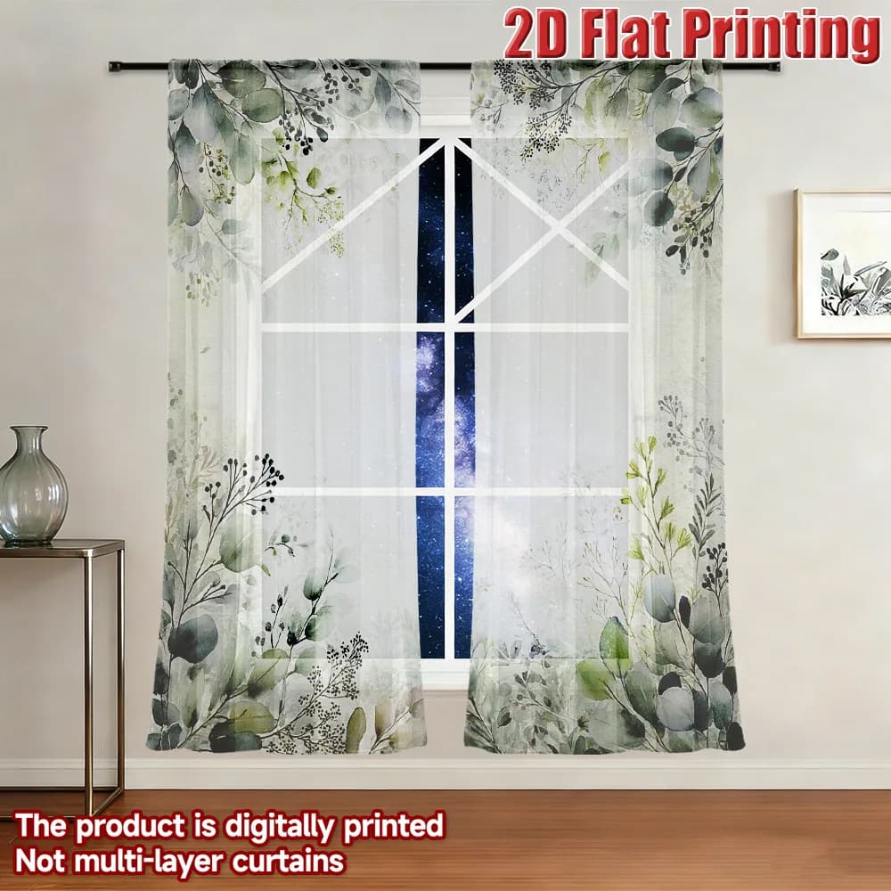 2pcs Sheer Curtains Floral Green Leaves Pattern Design Rod Pocket Window Drapes, Filtering Panels for Bedroom Living Room