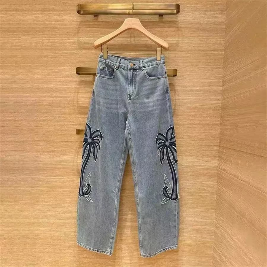 Elegant Retro Embroidered Flower Straight Wide Leg Jeans Women's Fashionable Spring Summer New Arrival American Style High Wa...
