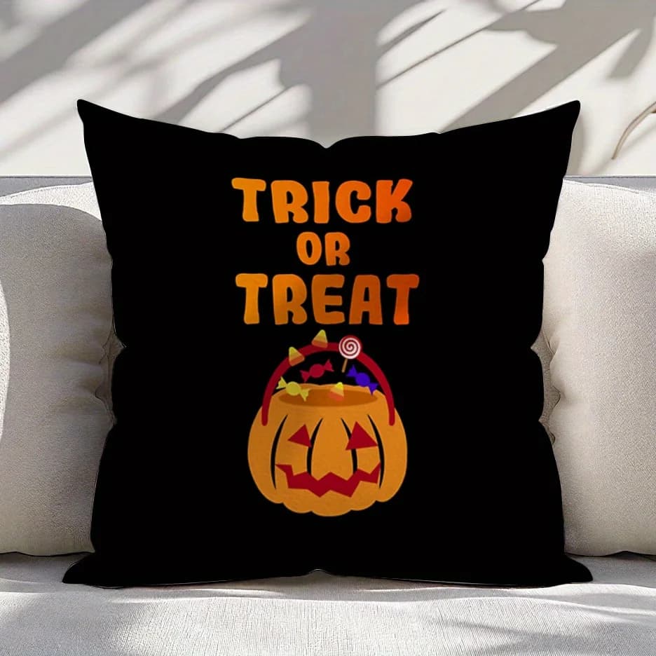 Decorative Halloween Pillowcase Throw Cover Trick or Treat Pumpkin Fall Seasonal Accent Cushion Pillow for Autumn Holiday Home D