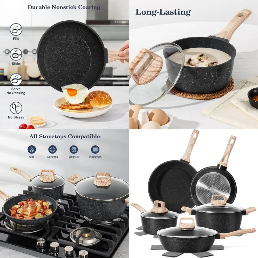 Set of 12-piece black non-stick pans with granite coating, pans, pans, pans, steam cooking, silicone tools