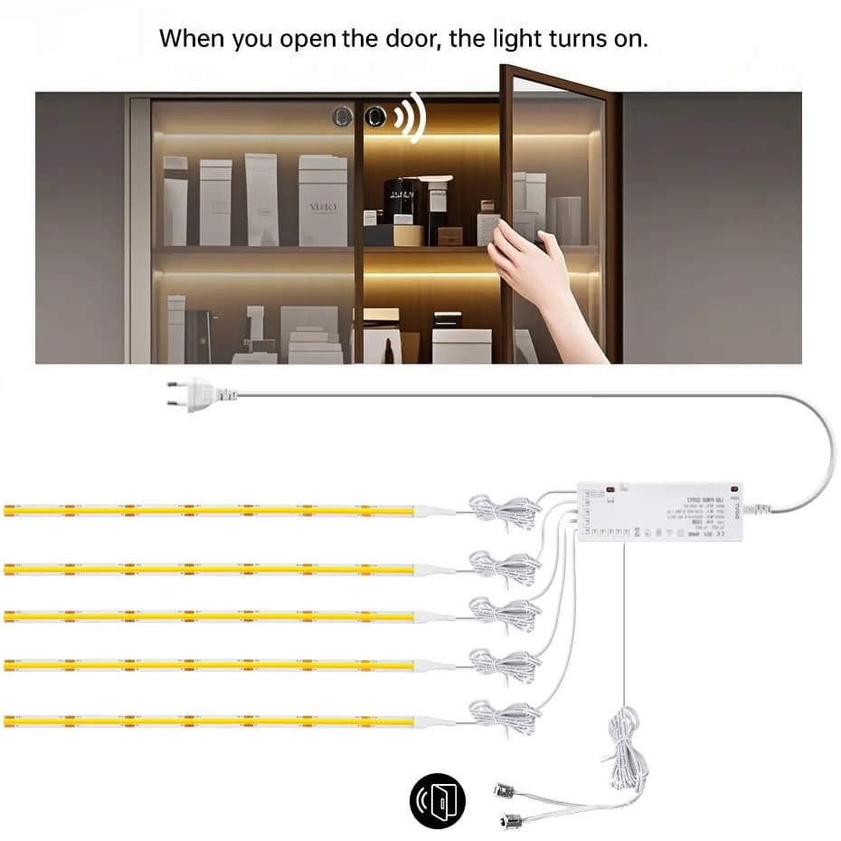 COB LED Strip with Dual Door Sensor, 24V DC Control, AU EU US UK Plug, Intelligent Cabinet Lamp, Vetrine and Guardaroba Lighting