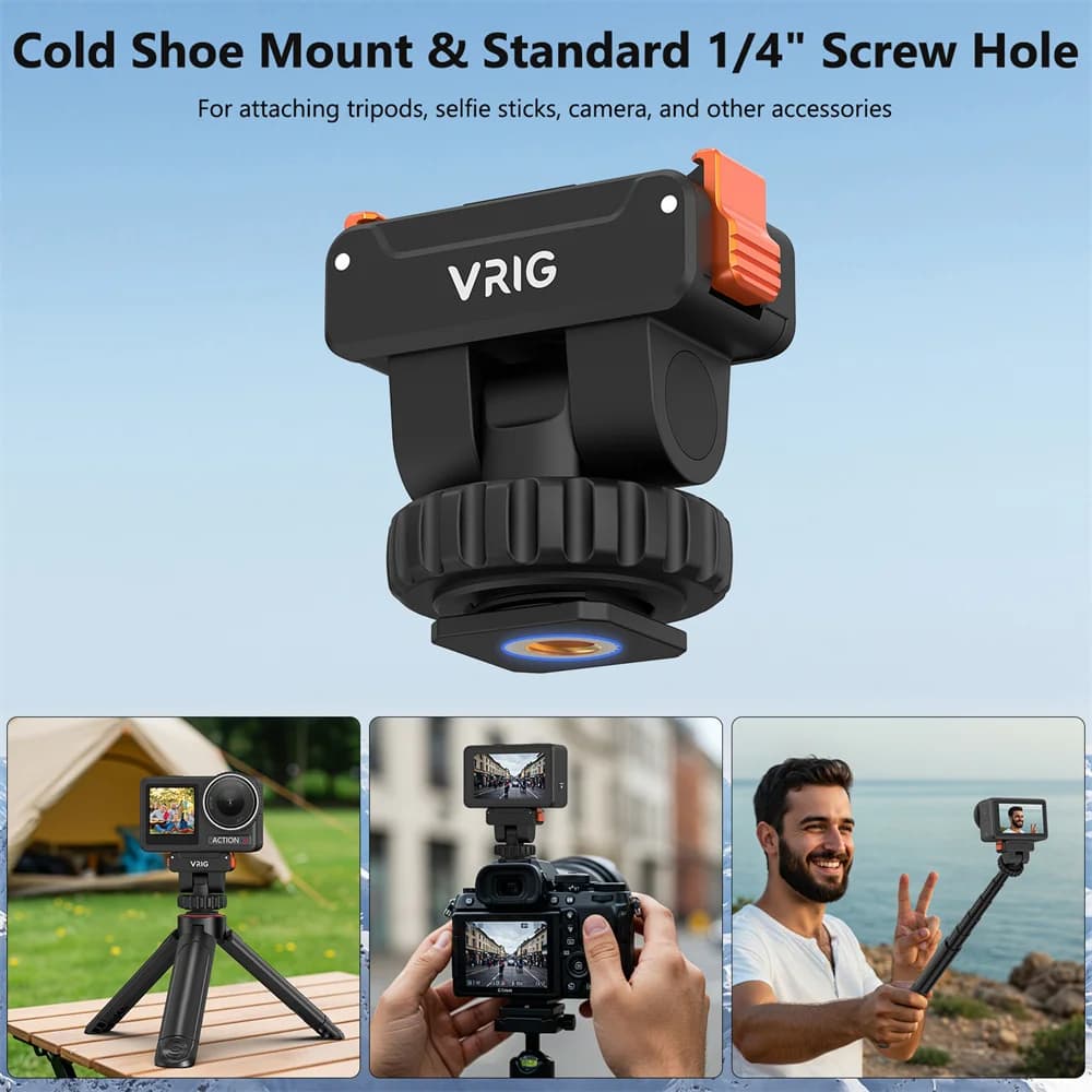 VRIG Cold Shoe Mount Adapter for DJI OSMO Action 5 Pro/4 /3 Magnetic Quick-release Mount Adapter w 1/4'' Port for Camera Tripod