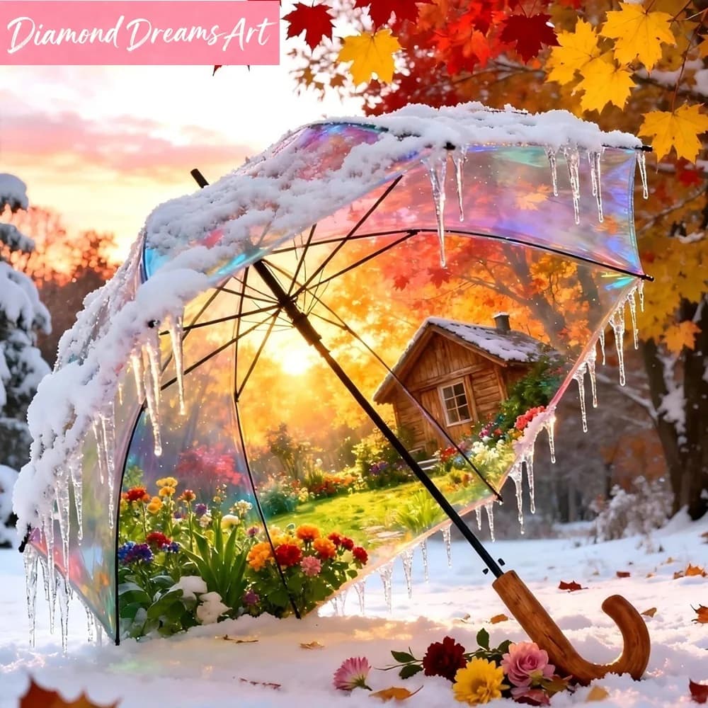 Ombrello Fai da Te con Mosaico di Diamanti, Foglia d'Acero, Pittura Diamantata 5D, Paesaggio Autunnale, Ricamo Completo, Decorazione per la Casa