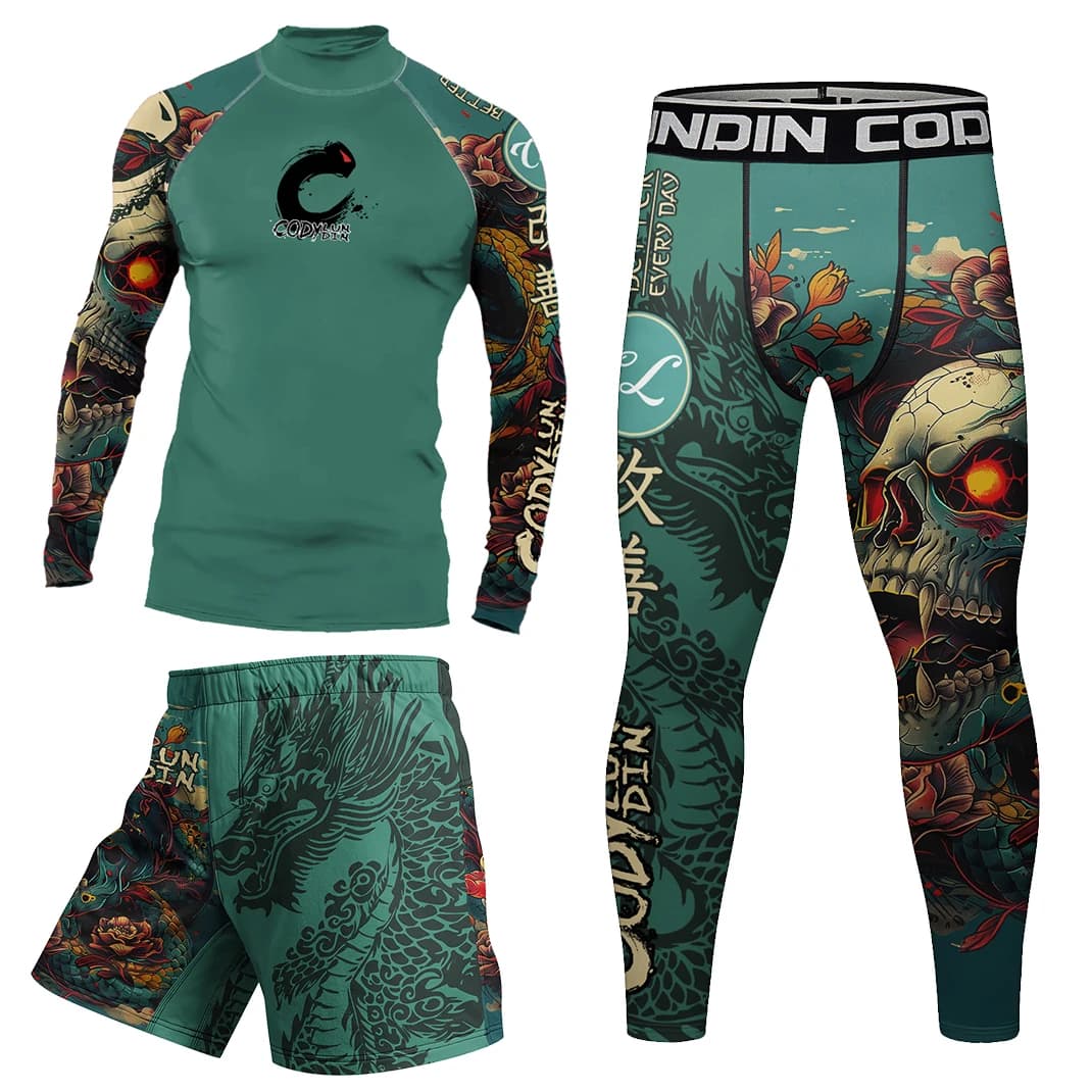 Collo finto Hot MMA No Gi Rashguard Jiu Jitsu T-shirt + Pantaloni Maglie da boxe Set BJJ Muay Thai Pantaloncini Compressione Legging Tuta sportiva