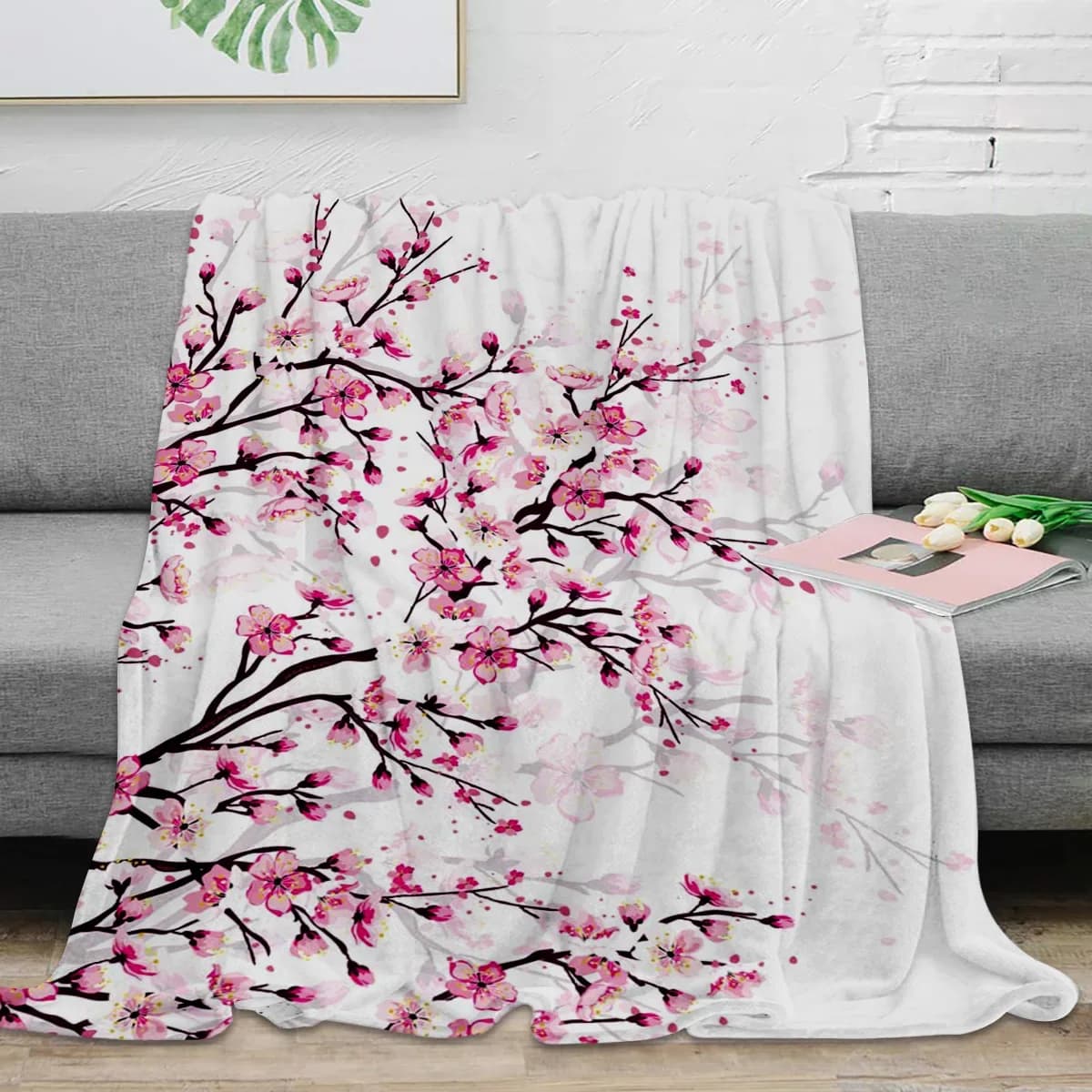Cherry Blossom Plum Branch Pink Flower White Throw coperta Warm microfibra flanella coperta arredamento camera da letto coperte per letti