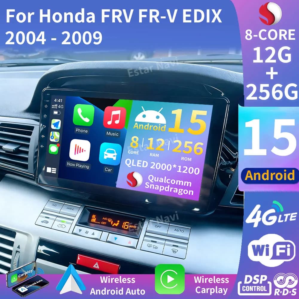 Autoradio Android 15 per Honda FRV FR-V EDIX 2004-2009 con Carplay Wireless, Android Auto, GPS, 4G, Bluetooth, Stereo e Lettore Multimediale Video