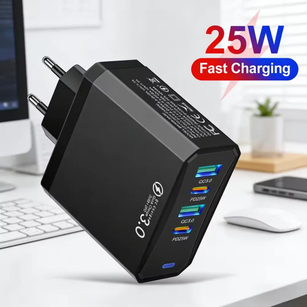 Stazione di ricarica da 50W con 4 porte USB, caricabatterie rapido per telefoni universali, adattatore di alimentazione da viaggio con spina EU/US/UK/KR, tipo C.