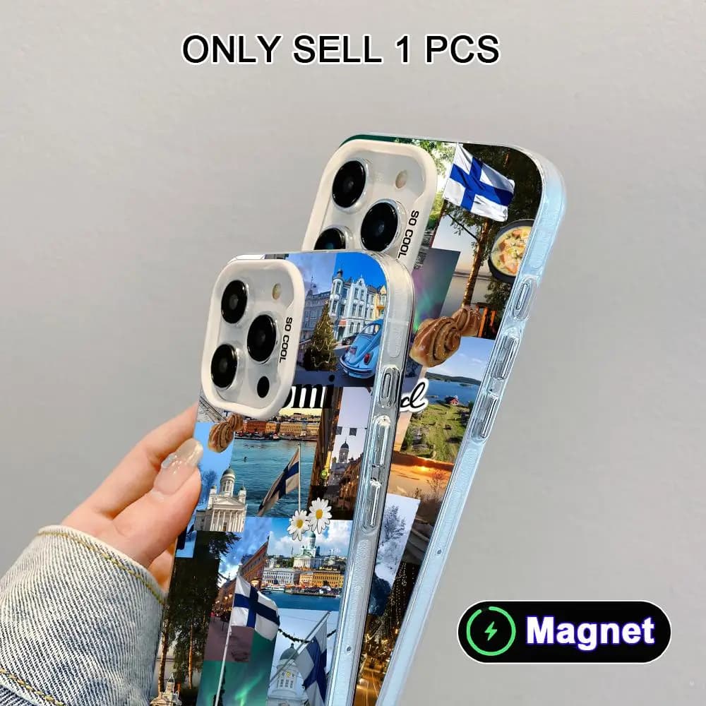 Cover per iPhone con Bandiera Finlandese per iPhone 17 16 15 14 13 12 11 X XR XS Air Pro Max Plus, Custodia Magnetica Colorata Argento