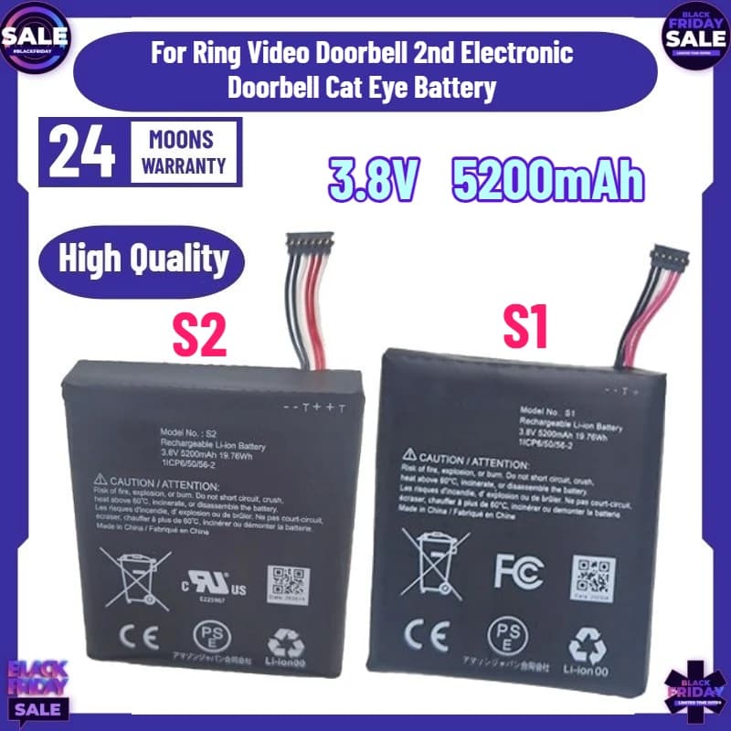 New 3.8V S1 S2 5200mAh Battery for Ring Video Doorbell 2nd Electronic Doorbell Cat Eye Battery