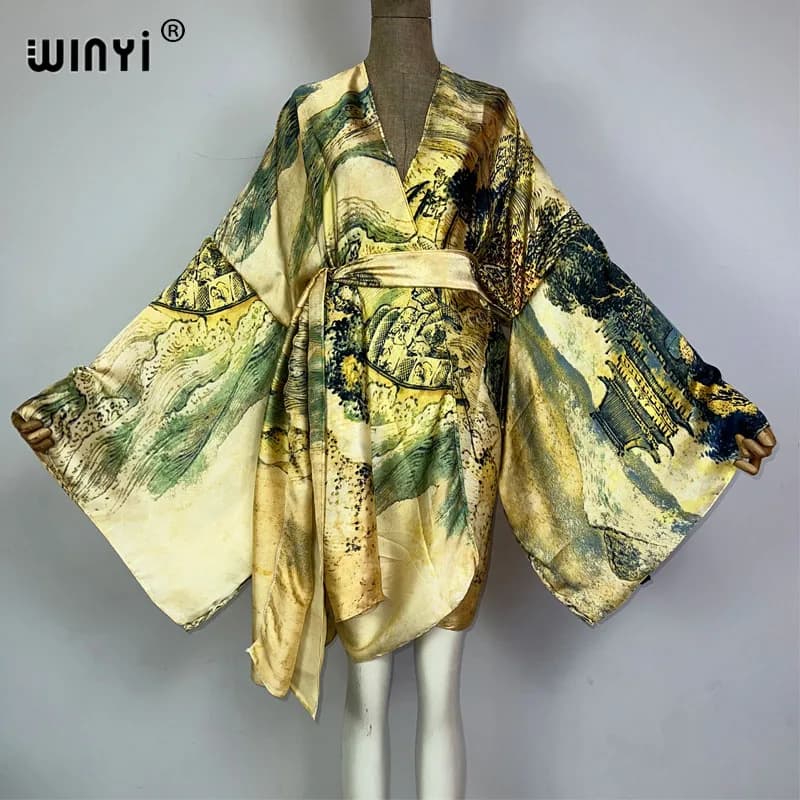WINYI Africa kimono cinese pittura a olio stampa boho caftano per donna Cover-up elegante Cardigan sexy beach costume da bagno abito da sera