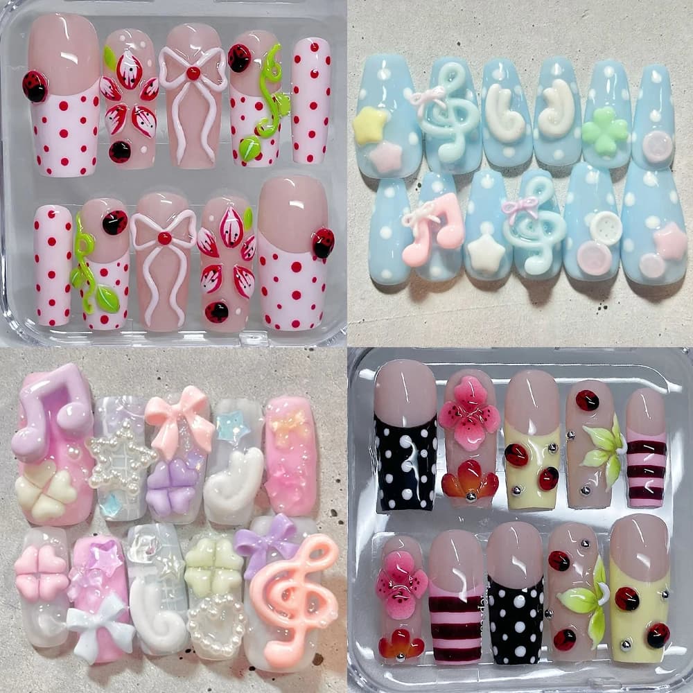2026New Summer Flower Ladybug Design Press On Nail Art Stickers Handmade Dot Pattern Wings Note French Style Lace Fake Nails