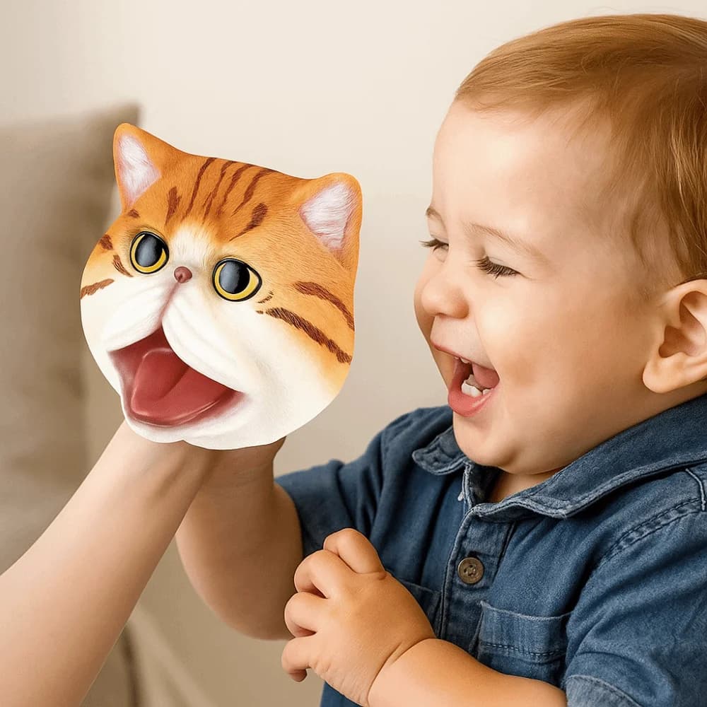 Divertente Marionetta a Mano in Vinile a Forma di Testa di Animale, Guanto Interattivo Morbido a Forma di Gatto, Modello Educativo di Testa di Gatto per Halloween