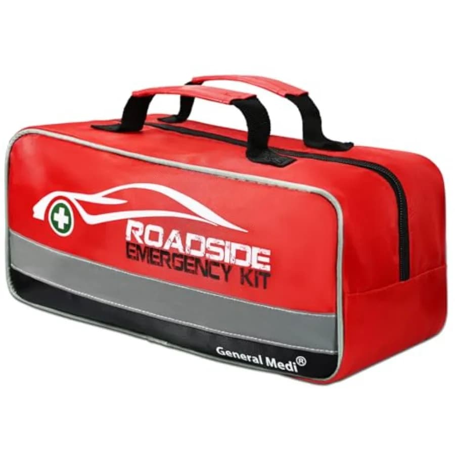 Kit di Emergenza Stradale General Medi da 127 Pezzi Include Mini Kit di Pronto Soccorso, Cavi di Avviamento, Corda di Traino, Bende, Gilet di Sicurezza, E